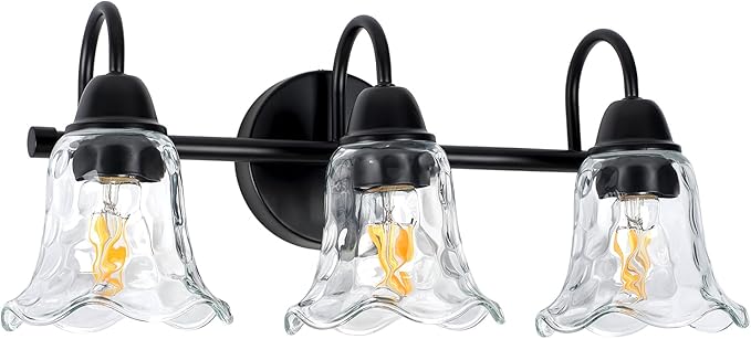Bathroom Light Fixtures over Mirror, 3 Lights Vintage Wall Sconces with Hammered Glass Shade, 19.3" Matte Black Farmhouse Bathroom Wall Light Fixtures for Bedroom, Porch, Hotel, Mirror Cabinet
