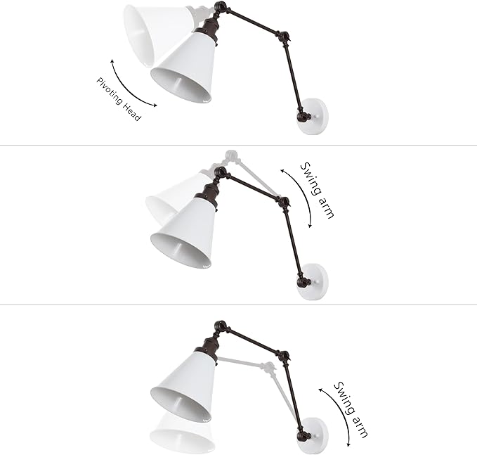 JONATHAN Y 7" White/Oil Rubbed Bronze Classic Industrial Metal Adjustable Arm LED Wall Sconce for Bedside Reading, Farmhouse Swing Arm Wall Lamp with Metal Shade, Hardwired (JYL7462C)