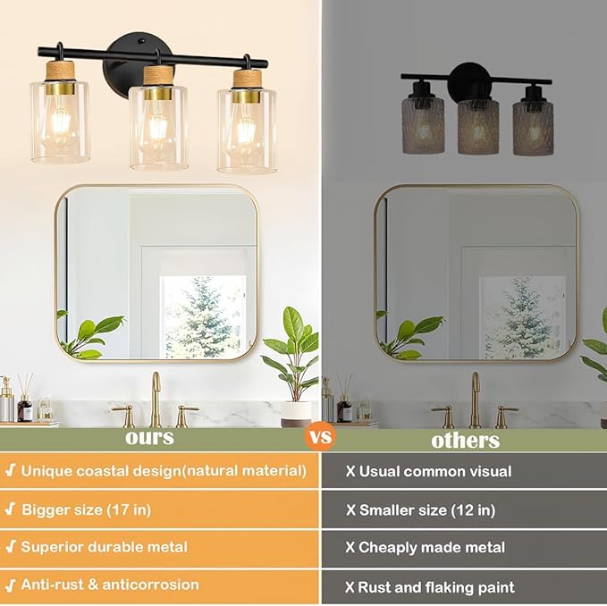 Bathroom Light Fixtures,3-Light Matte Black Vanity Light with Clear Glass Shade,Farmhouse Bathroom Lighting Fixtures Over Mirror,Wall Sconces for Bedroom Kitchen Cabinet Living Room Hallway