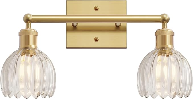 Vintage Bathroom Light Fixtures,2-Light Rustic Vanity Lights for Bathroom,Hallway,16.5 in Brass Vanity Lights,Tulip Light Fixtures for Mirror with Clear Tulip Glass Shade for Bedroom,E26 Base