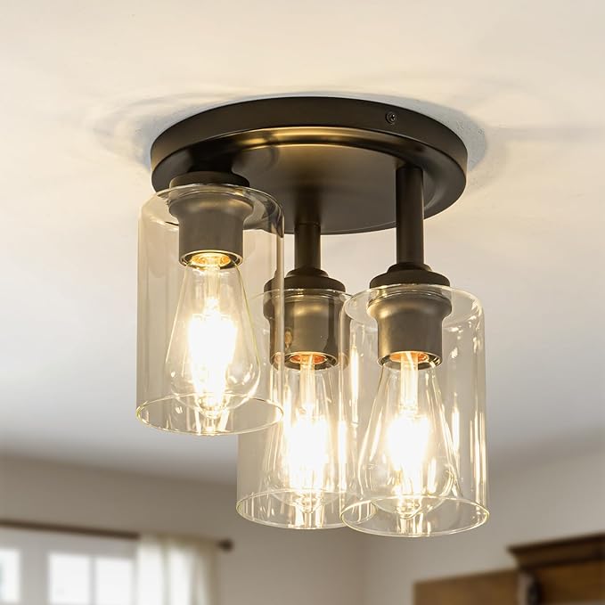 Mayful Semi Flush Mount Ceiling Light, 3-Light Black Fixture with Clear Glass Shade, Cluster Cylinder Design for Kitchen Dining Room Hallway Foyer Entryway