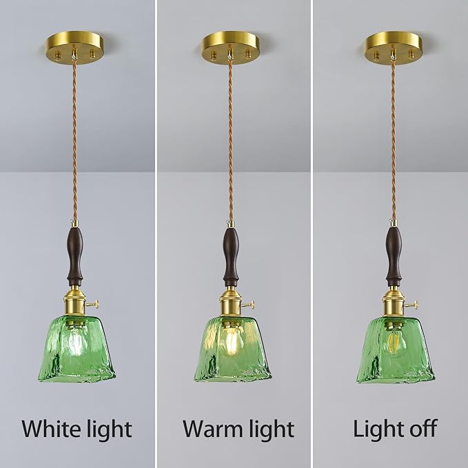 Green Glass Vintage Pendant Light Height Adjustable Handmade Glass Pendant Lights Kitchen Island Gold Hanging Light Fixture with Wood Handle for Bedroom Dining Room Hotel (3 Pack)
