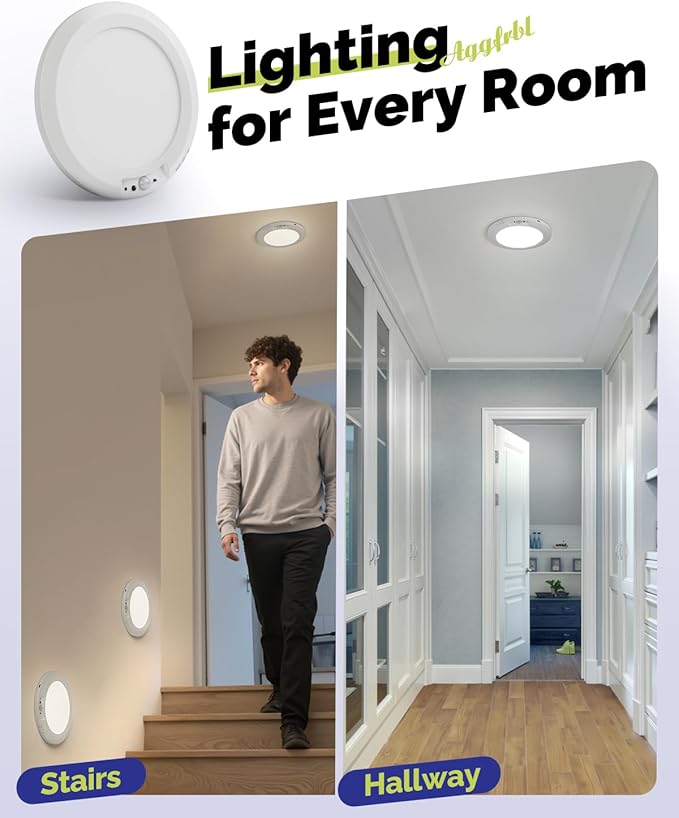 4PCs 10,000mAh Rechargeable Ceiling Light with Remote, Wireless Waterproof Shower Lights 3000K/4000K/6000K, Battery Powered Light for Closet Battery Operated, Motion Sensor Lights No Wiring