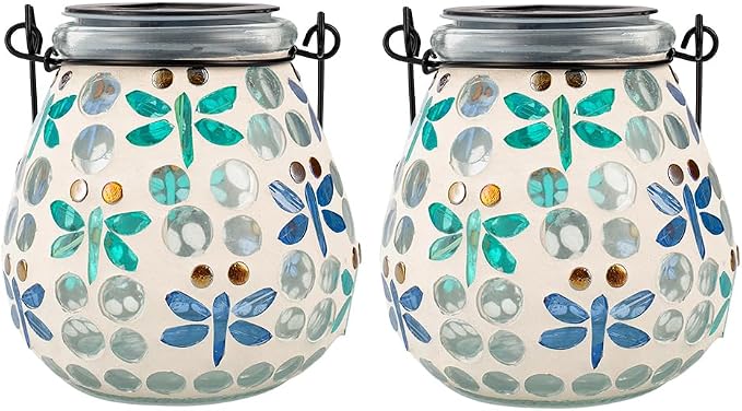 Stargarden 2 Pack Mosaic Solar Lanterns Outdoor Waterproof, Dragonfly Hanging Lantern Decorative Glass Solar Lights for Yard, Patio, Lawn, Gaden Decor
