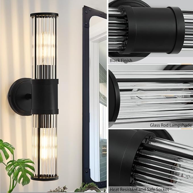 Black Wall Sconce Bathroom Vanity Light Fixtures for Mirror, Modern Wall Light with Glass Rod Shade for Bathroom, Bedroom, Hallway, Living Room - Bulb Not Included