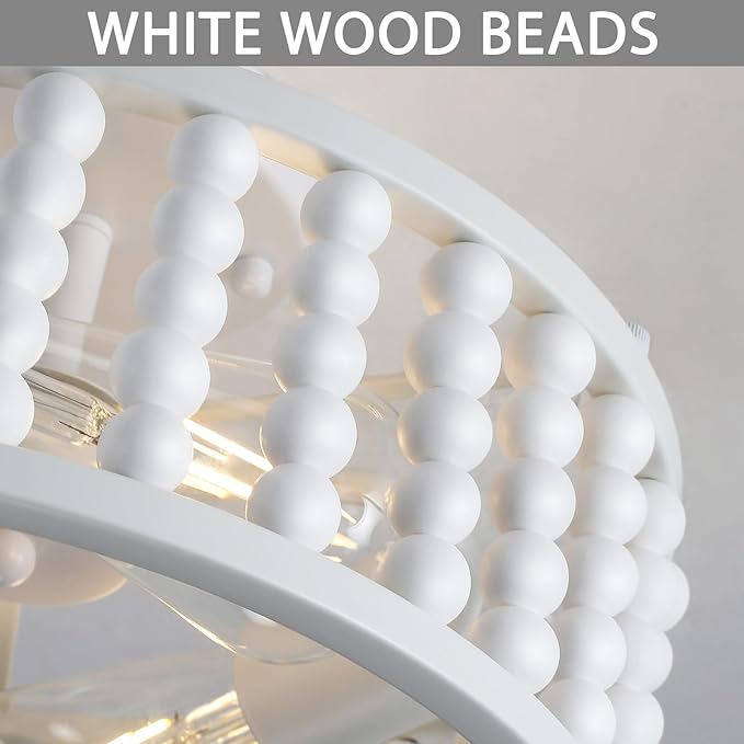 Luupyia White Beaded Boho Ceiling Light 3Lights, 12.79inches Wooden Bead Ceiling Light Fixture Mini Bohemian Chandelier Coastal Semi Flush Mount Overhead Lighting for Bedroom Hallway, E26