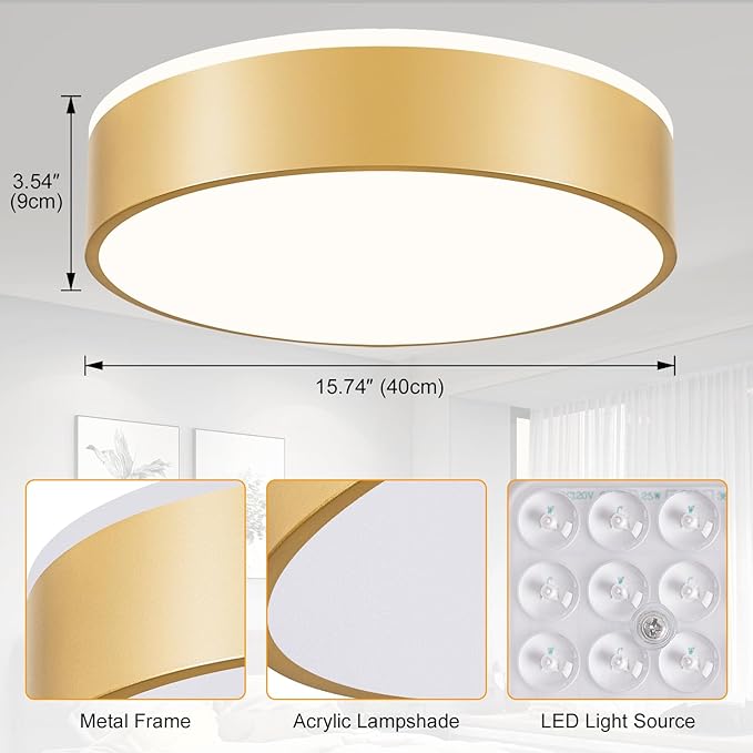 Dimmable Gold LED Ceiling Light Fixture, 5CCT 2700 K-6000 K Modern Flush Mount Ceiling Light, Round Minimalist Lighting Fixture for Bedroom, Kitchen, Laundry Room, Living Room, 15.74 Inch