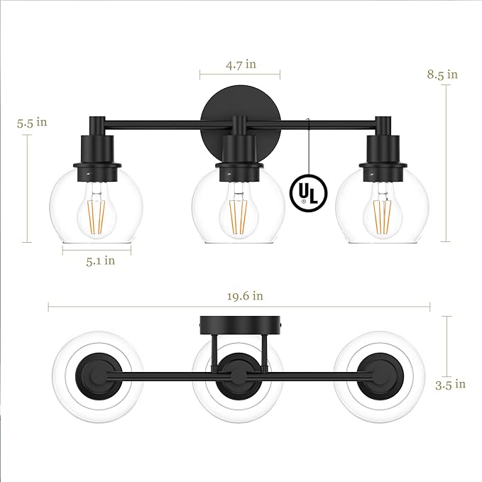 Espird 3 Lights Bathroom Vanity Light Fixtures Black, Bathroom Lights Over Mirror, Industrial and Farmhouse 3 Lights Wall Sconce, Matte Black Globe Vanity Lighting Fixtures