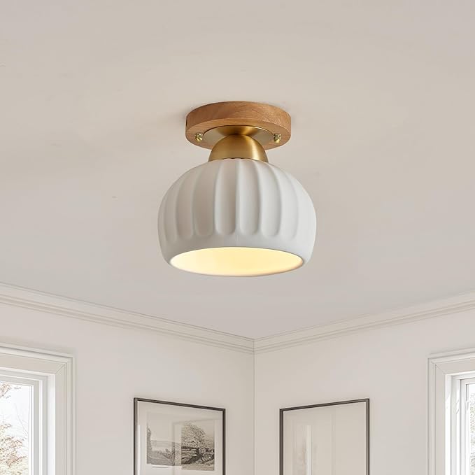 2 Pack Ceramic Wood Brass Semi Flush Mount Ceiling Light Vintage Hallway Light Fixtures, Modern Small Ceiling Mount Light Lamp for Hall Kitchen Entryway Passway Porch Foyer