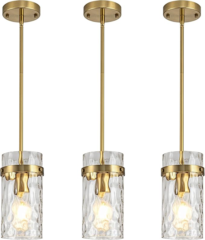 3 Pack Brushed Gold Pendant Lights Kitchen Island, Hammered Glass Pendant Lighting Over Island, Kitchen Hanging Light Fixtures Pendant Light Over Sink for Kitchen Entryway Foyer Dining Room