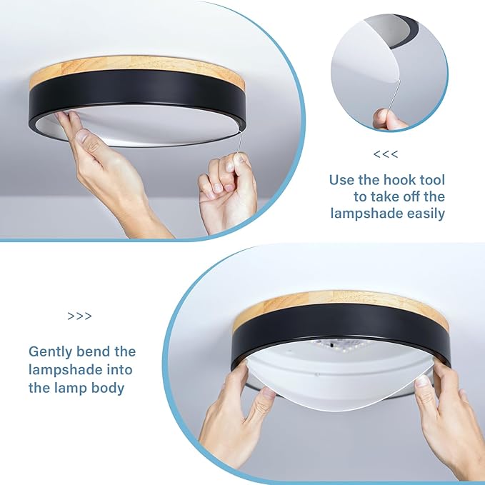 Dimmable Wood LED Ceiling Light, 5CCT 2700K-6000K Modern Black Flush Mount Ceiling Light, Minimalist Round Close to Ceiling Light Fixture for Bedroom, Kitchen, Laundry Room, Hallway, 11.81in