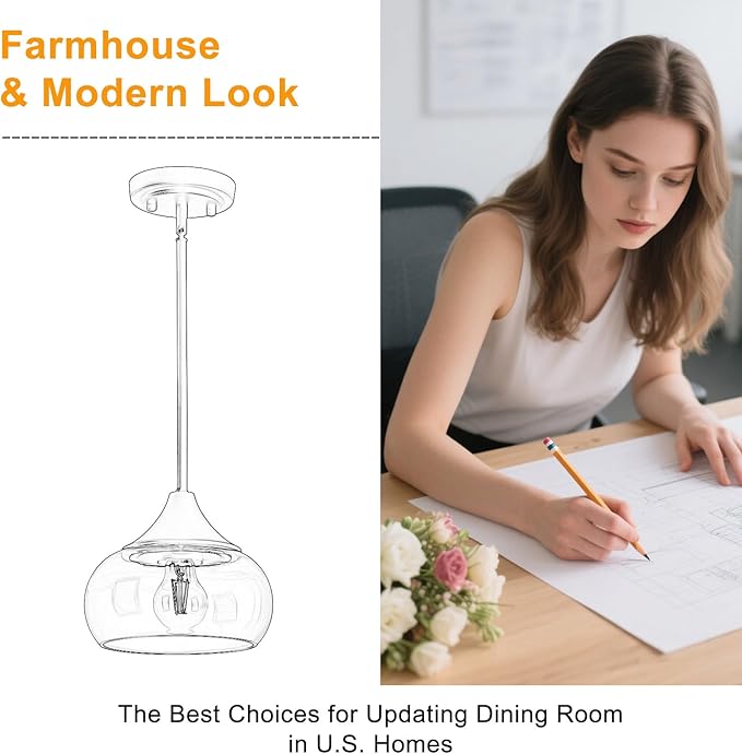 Modern Pendant Lights for Kitchen Island, Black Pendant Light Fixtures with 8.5" Clear Glass Shade, Industrial Hanging Pendant Lights Fixture for Kitchen Island Dining Room Bedroom Entryway 1 Pack