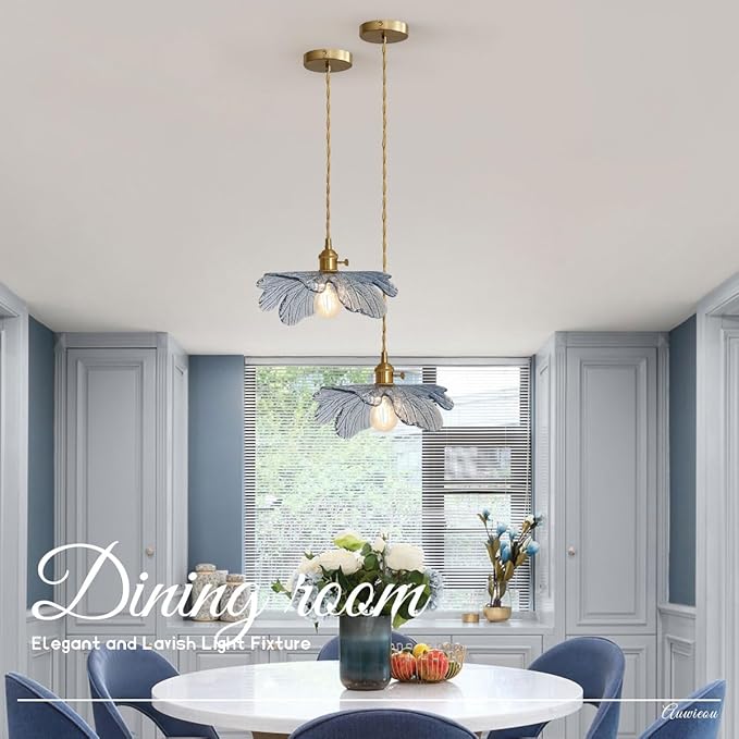 2 Pack Pendant Lights for Kitchen Island Mid Century Modern Hanging Light with Blue Glass Flower Shade, Adjustable Farmhouse Pendant Lighting for Dining Room Bedroom, Vintage Brass Base