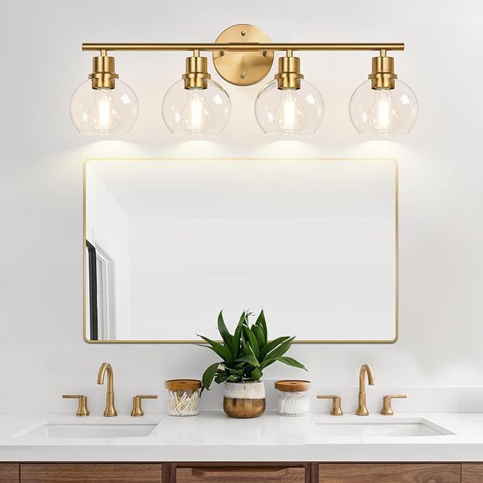 Indoi 4-Light Bathroom Light Fixtures,Gold Modern Vanity Lights Over Mirror with Clear Glass Globe Shade, Bathroom Wall Sconces for Mirror Kitchen Living Room Hallway Cabinet Bedroom Porch