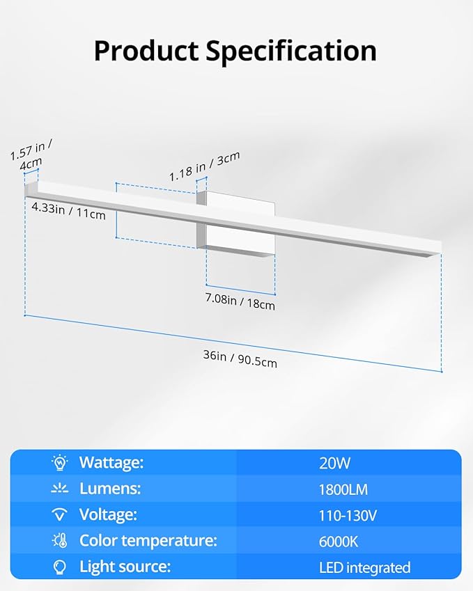 Combuh LED Vanity Lights Bar 36 Inch, 20W Bathroom Light Fixtures Over Mirror, IP44 Indoor Wall Mounted Sconces Modern for Washroom, Cool White 6000K