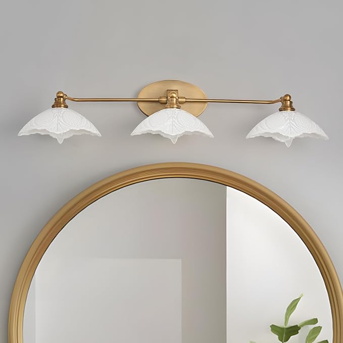 Bathroom Light fixtures Brass Vanity Light -3 Light Bathroom Vanity Light E12 Bulb Holder, 33.85 Inch Large White Light, Retro Luxury Bathroom Mirror Lighting