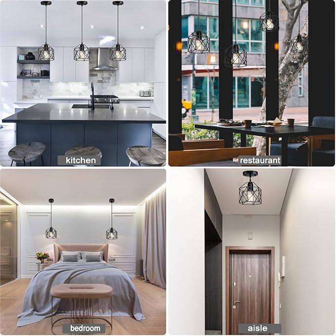 2 Pack 1 Light Vintage Hanging Light Pendant Light Fixture Farmhouse Basket Cage Hanging Ceiling Light,for Kitchen Island Dining Restaurant Room Hallway Hotel Bar Base Black Edison E26…