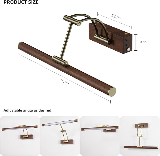 Wireless Picture Lights for Wall Rechargeable,16 inch Battery Operated Art Light for Paintings,3CCT Dimmable with Remote,Rotatable Gallery Light for Pictures Display,Wood