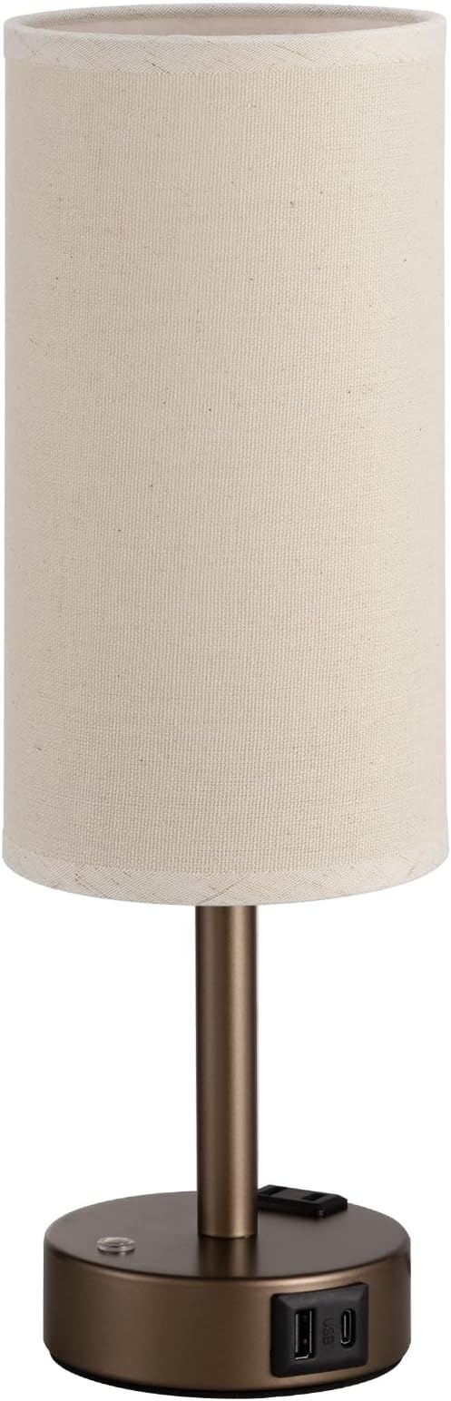 Touch Bedside Table Lamp with Memory - Stepless Dimmable Lamp for Bedroom, Small Nightstand Lamp with Dual USB Charging Ports and AC Outlet, Wood Night Light, Deak Lamp for Nursery (Beige & Brown)