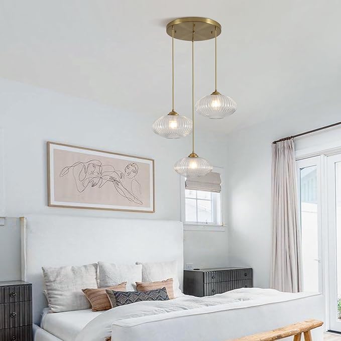 3 Light Pendant Lighting Clear Glass Cluster Pendant Lights Kitchen Island Modern Retro Adjustable Brushed Gold Hanging Light Fixtures Brass Cluster Chandelier for Bedroom Living Room MPL30-3D