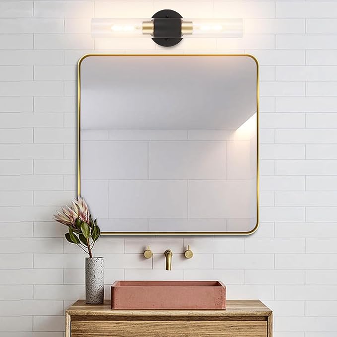 BYOLIIMA Modern Knurled Texture Wall Sconce Clear Glass Shade Modern Gold Black Bathroom Vanity Light Fixtures 2-Lights Mid Century Wall Light for Mirror Living Room Hallway E26 T10 Bulbs(Excluded)