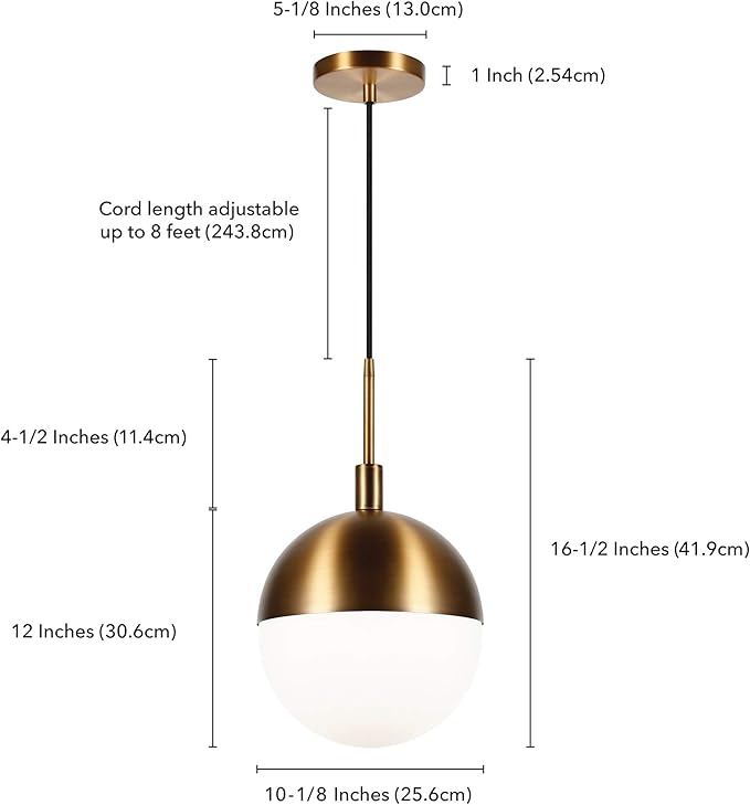 Henn&Hart 10" Modern Pendant Light Fixture with White Milk Glass Globe Shade and 8' Adjustable Cord for Kitchen Island, Dining Room or Game Room, Gold