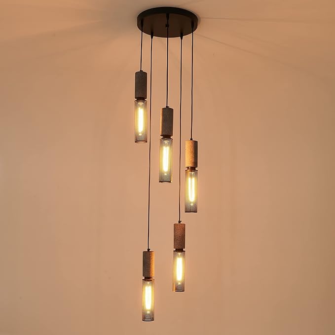5-Light Concrete Linear Pendant Light with a Metal Mesh Shade,Modern Industrial Hanging Cement Pendant Lighting for Kitchen Island Bedroom Living Room Dining Room Light Fixture