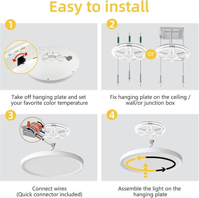 4PK 12 Inch LED Flush Mount Ceiling Light, 24W, 2520LM,3000K/4000K/6000K CCT Selectable, Round Flat Panel Low Profile Ceiling Light Fitures for Hallway, Kitchen, Bedroom, Laundry Room,White