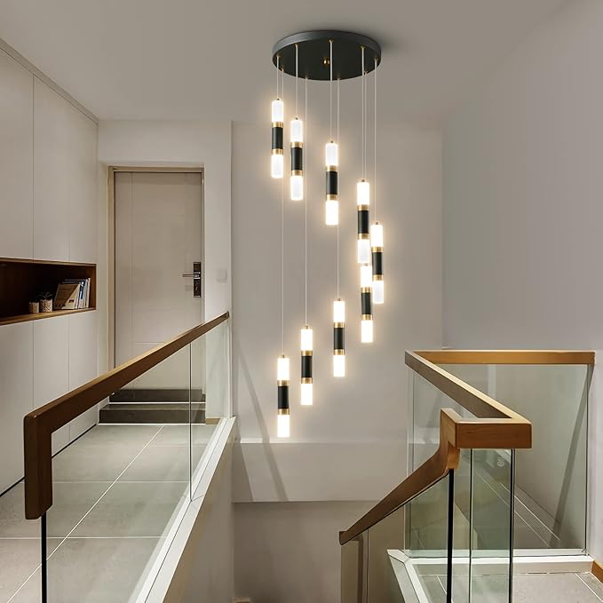 9-Light Chandelier LED 54W Dimmable Chandeliers for Entryway Pendant Light Fixture Chandeliers for Staircase Lobby Black Gold Lighting Modern High Ceiling Chandelier