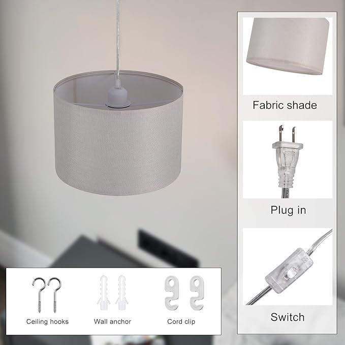 2 Pack Plug in Pendant Light, Hanging Light with 15Ft Clear Cord, On/Off Switch, Beige Yellow Fabric Lamp Shade, Hanging Light Fixture for Bedroom, Kitchen