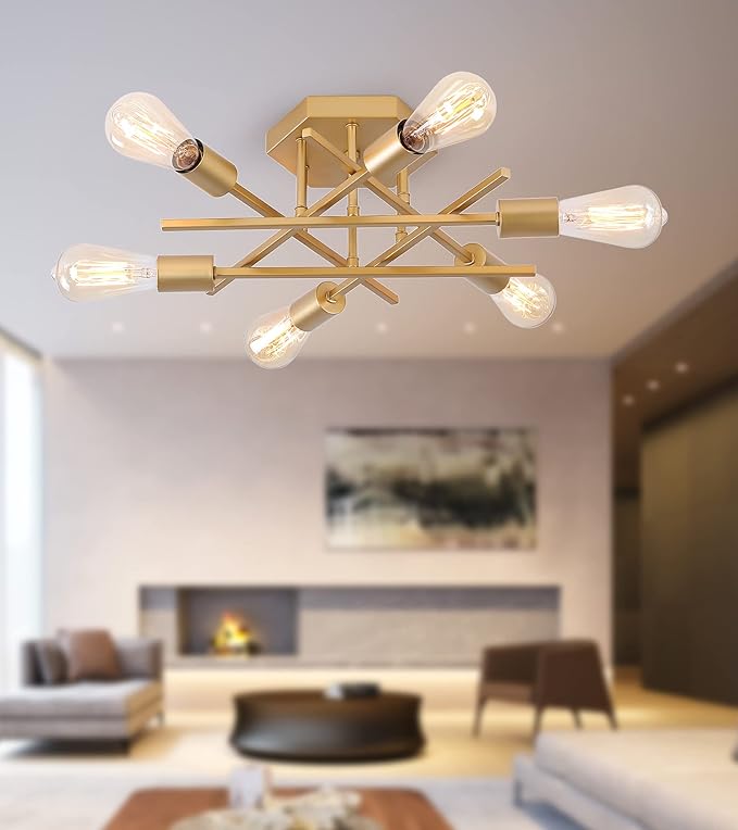 AIHYING Semi Flush Mount Modern Ceiling Light Fixture, Gold 6-Light Modern Mid-Century Chandelier Light Fixture for Hallway Bedroom Dining Room Entryway Foyer UL Listed