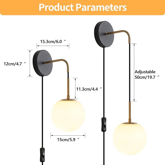 KUZZULL Plug in Wall Sconces Set of 2 Black and Brass Gold Wall Sconces Set of Two Plug in Hanging Wall Lamp with Plug in Cord with Globe White Glass Shade Vintage Wall Lights with Switch for Bedside