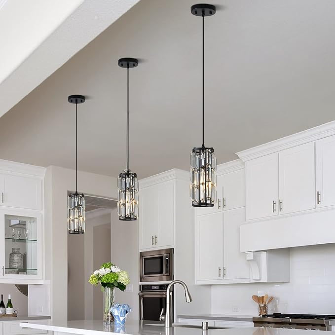 Black Pendant Lighting Modern Pendant Lighti,Pendant Lights Kitchen Island Crystal Pendant Light Fixture,Mini Crystal Chandeliers for Kitchen, Dining Room and Bedroom (3 Pack)