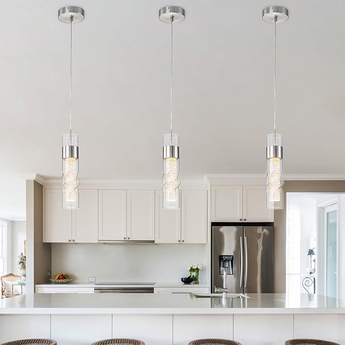 WILON Pendant Lights Kitchen Island, 9W Modern Kitchen Island Lights Brushed Nickel, Ceiling Lighting Fixtures with Crystal Bubble, Integrated LED Hanging Light for Dining Room Restaurant(1 Pack)