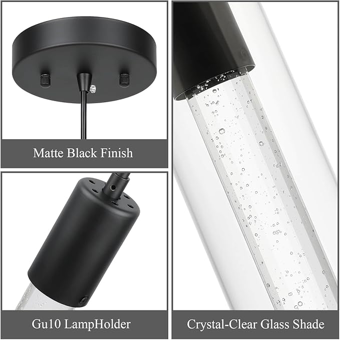 XiNBEi Lighting Pendant Light Fixtures, Black Pendant Lights Kitchen Island with LED Bulb & Bubble Crystal, Kitchen Hanging Lighting for Dining Table Hallway Bedroom Living Room XB-P1110-MB