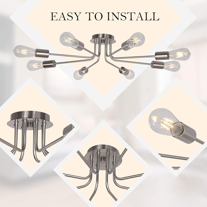 Mid Century 8 Light Chandelier Modern Ceiling Lighting Brushed Nickel Semi Flush Mount Ceiling Lights Fixture Used for Kitchen Dining Room Living Room