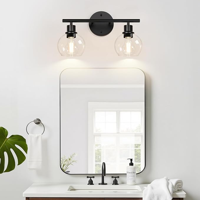 Indoi 2-Light Bathroom Vanity Light, Matte Black Bathroom Light Fixture Over Mirror with Clear Glass Globe Shades, Modern Farmhouse Wall Sconce for Bathroom, Kitchen, Bedroom, Hallway