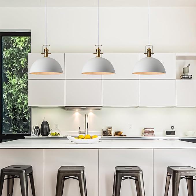 12 Inch Sandy White Farmhouse Pendant Lights for Kitchen Island Industrial Adjustable Height Vintage Dome Hanging Light Fixtures for Barn,Dining Room 2 Packs