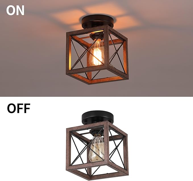 Rustic Farmhouse Metal Flush Mount Ceiling Light Fixture Antique Oak Hexagon Cage Small Semi Flush Mount Ceiling Light for Kitchen Hallway Entry Bedroom Country Farmhouse, Black