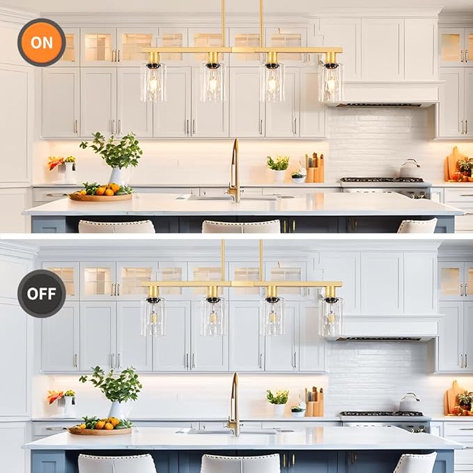 4-Light Kitchen Island Lighting, Gold Dining Room Light Fixtures over Table, Island Lights with Glass Shade, Farmhouse Pendant Lights Kitchen Chandelier for Restaurant Bar, Height Adjustable
