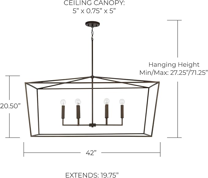 Capital Lighting 837661OR Thea Symmetrical Clear Line Island/Linear Pendant, 6-Light 360 Total Watts, 21" H x 42" W, Oil Rubbed Bronze
