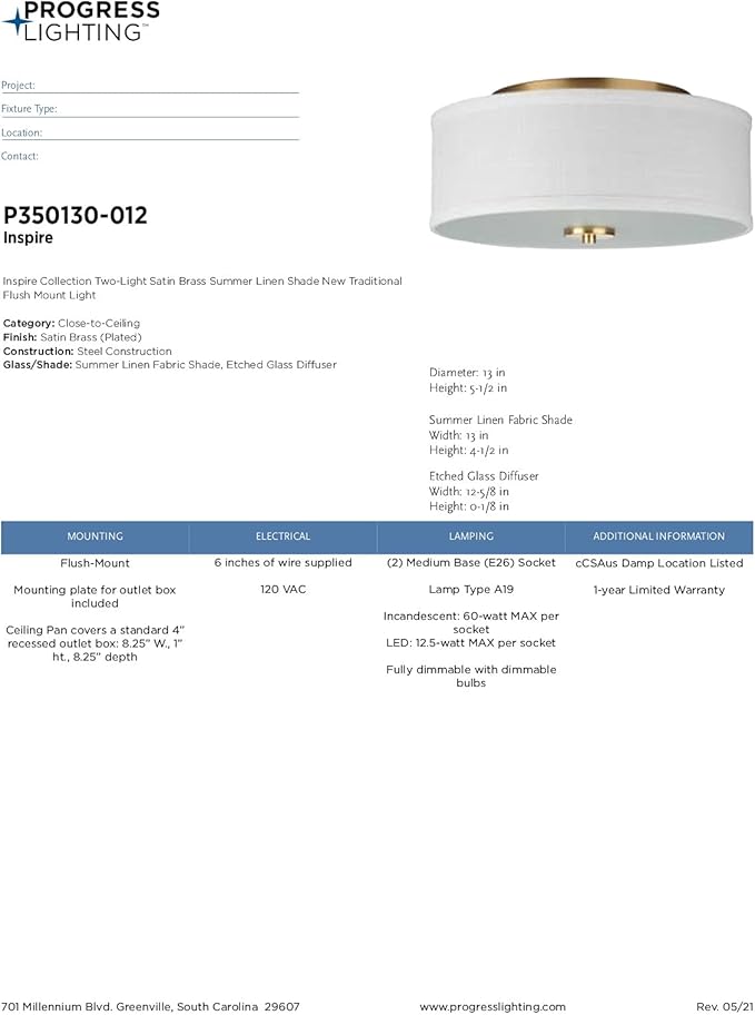 Inspire Collection 2-Light Summer Linen Shade New Traditional Flush Mount Light Satin Brass
