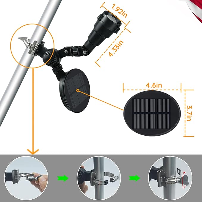 Solar Flag Pole Light, Flagpole Light Solar Powered, Super Bright PC Crystal LED Spotlight, Adjustable Bracket & Metal Clamp Fits 1-1.5" Flagpole, Up to 8-12 Hrs, Black