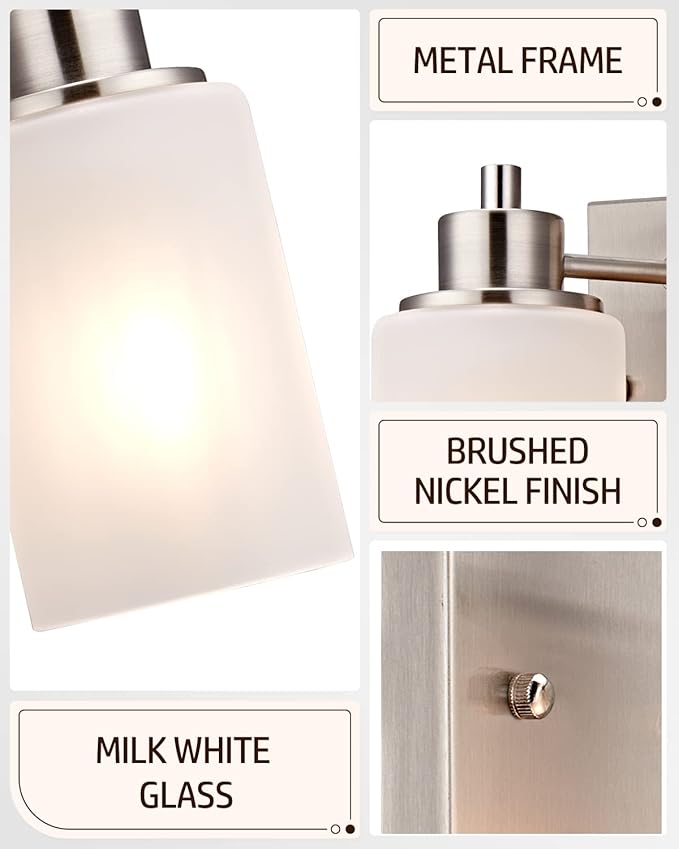 2 Pack Modern Bath Vanity Light Fixture 1-Light, Indoor Bathroom Wall Sconces for Living Room, Porch, Bedside, Brushed Nickel Finish with White Frosted Glass Shades Wall Mounted Lights