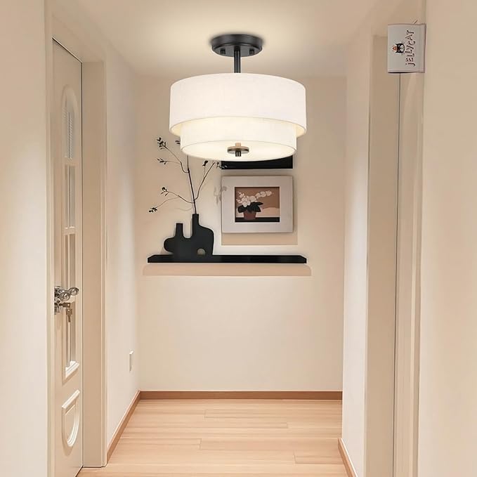 3-Light Semi Flush Mount Ceiling Light Fixture, 12.6" Black Drum Light with White Fabric Shade,Modern Close to Ceiling Light for Living Room Bedroom Dining Room Kitchen Hallway Entry Foyer