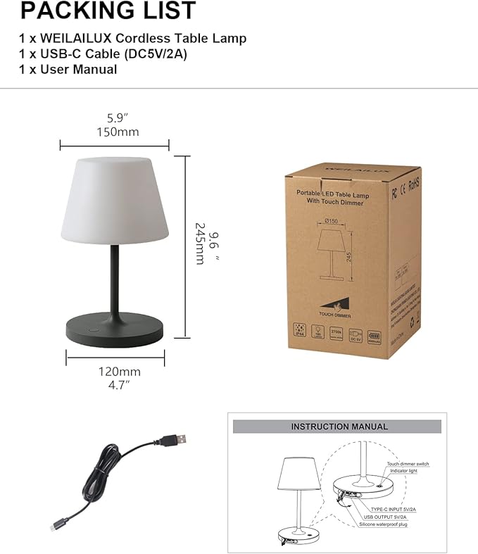 WEILAILUX Outdoor Battery Operated Table Lamp Waterproof, 4000mAh Cordless Table Lamp Rechargeable, Touch Dimmable Desk Lamp, LED Night Light for Patio Camping Restaurant Home, H9.6in, Dark Grey