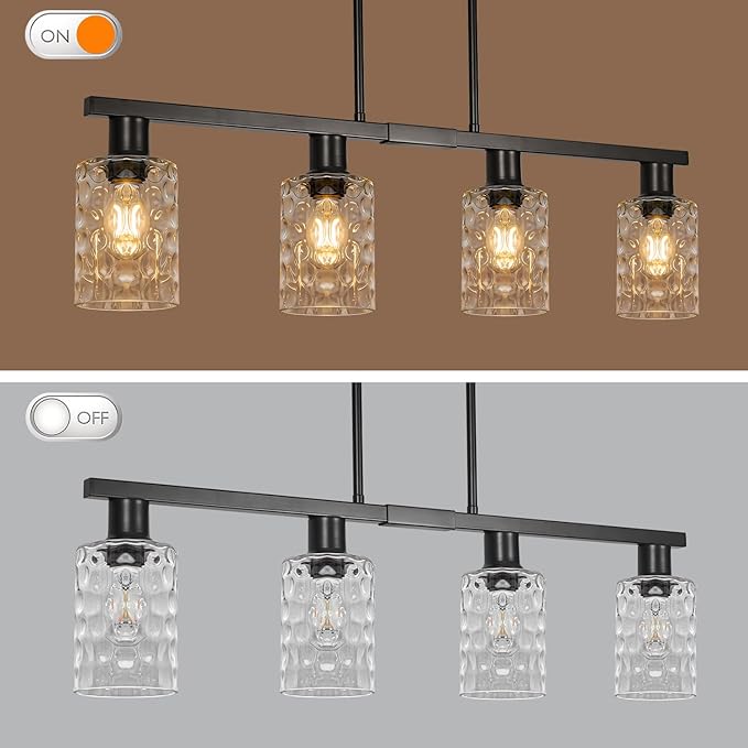 4-Light Kitchen Island Lighting Black Dining Room Light Fixture with Hammered Glass Shade 31" Modern Linear Chandelier Adjustable Hanging Pendant Lighting Over Island Dining Table Living Room