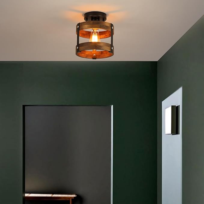 Rustic Farmhouse Wood Flush Mount Ceiling Light Fixture Oak Wood and Metal Round Cage Small Semi Flush Mount Ceiling Light for Kitchen Hallway Entry Bedroom Country Farmhouse, Black