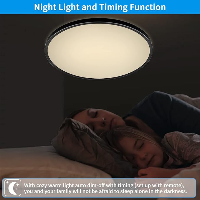 20 Inch LED Flush Mount Ceiling Light Fixture - 48W Dimmable Ceiling Light with Remote, 4800lm, 3000/4500/6000K Adjustable LED Kitchen Ceiling Lamp for Bedroom, Black