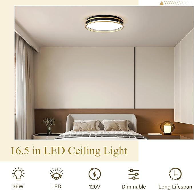 Pevfah Modern Flush Mount Ceiling Light, 5CCT 2700 K-6000 K Dimmable Black and Gold Ceiling Lighting Fixture, Minimalist Round LED Ceiling Lamp for Kitchen, Bedroom, Hallway, Living Room-16.5 Inch
